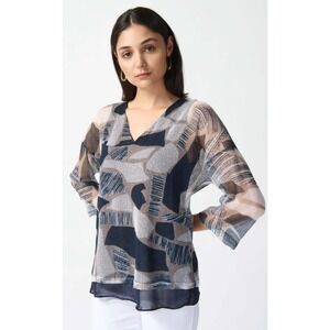 Joseph Ribkoff Abstract V Neck 3/4 Sleeve Sheer Mesh Overlay Blue Top Elegant 8